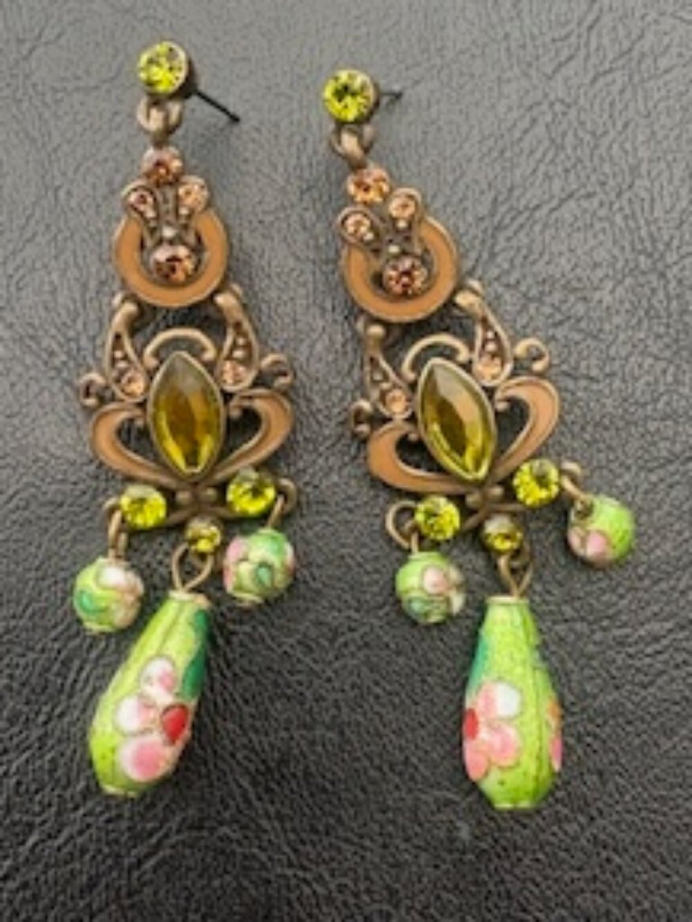 Victorian style tear drop earrings-Green Olivine-Crystals & floral enamel
